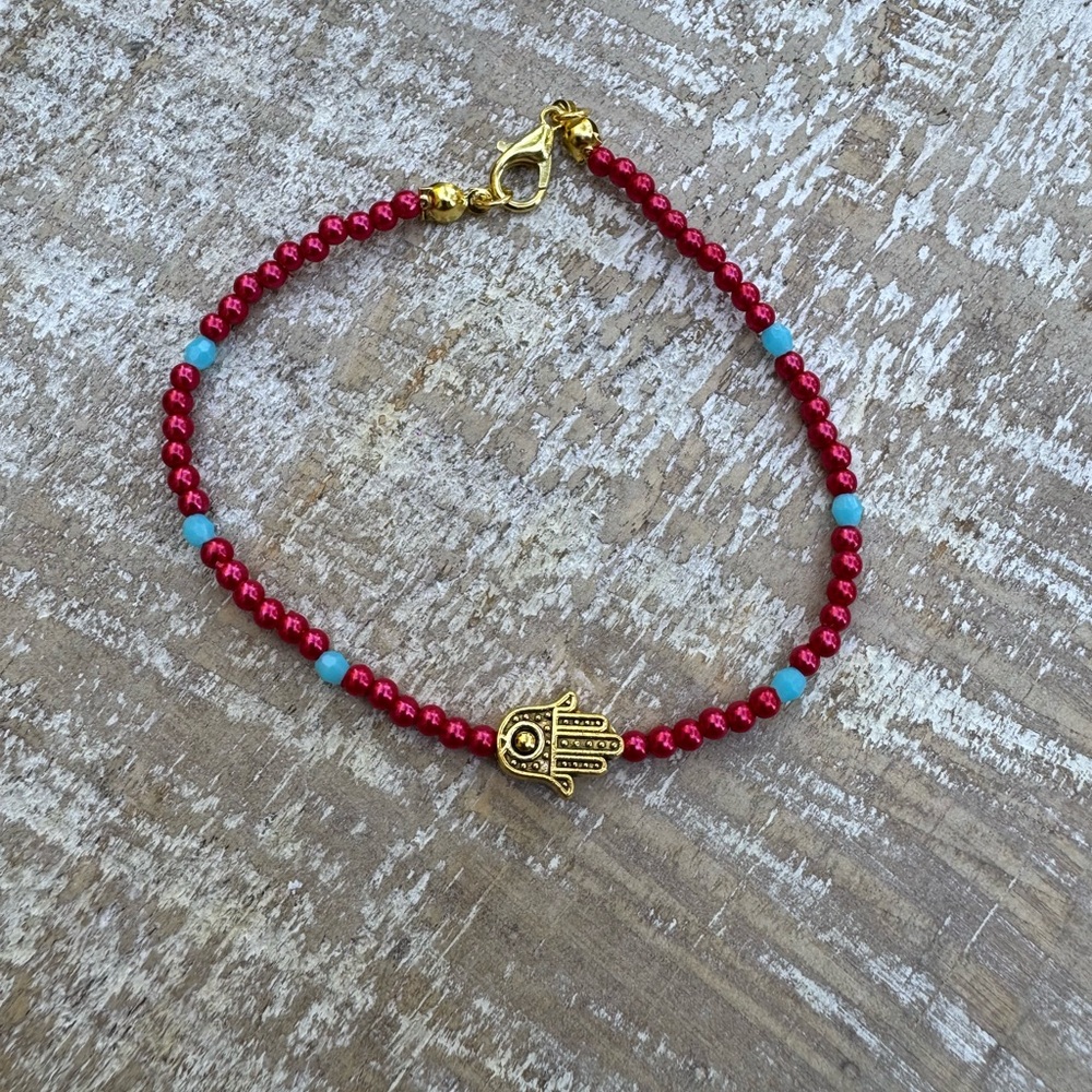 New Handmade Red and Gold & turquoise Beaded Bracelet with Hamsa Charm